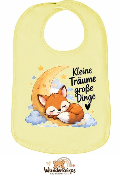 Baby-Lätzchen Olli-01 in Pastellgelb mit Motiv Kleine Träume – Fuchs