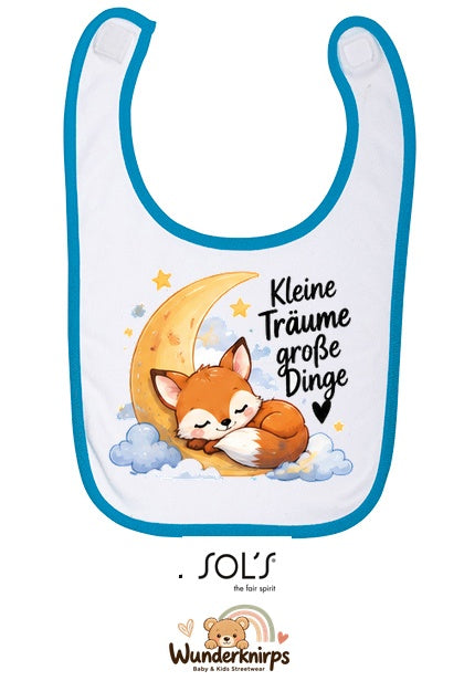 Baby-Lätzchen SOL’S Babib in Weiß / Aqua mit Motiv Kleine Träume – Fuchs