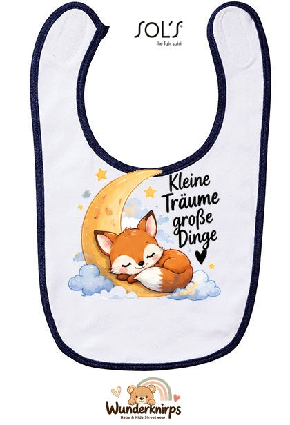 Baby-Lätzchen SOL’S Babib in Weiß / Marineblau mit Motiv Kleine Träume – Fuchs