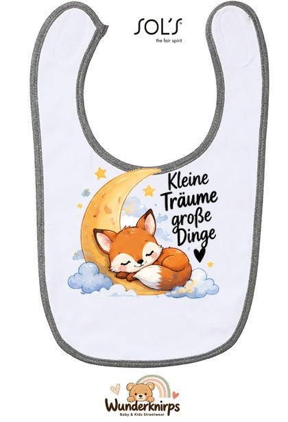 Baby-Lätzchen SOL’S Babib in Weiß / Grau meliert mit Motiv Kleine Träume – Fuchs