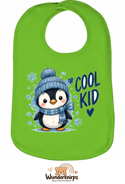 Baby-Lätzchen Olli-01 in Apfelgrün mit Motiv Cool Kid – Pinguin