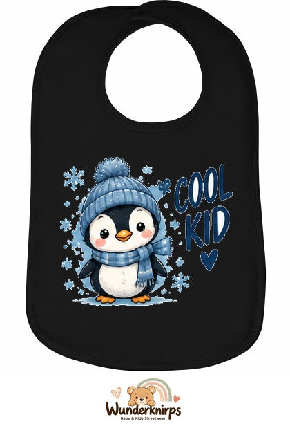 Baby-Lätzchen Olli-01 in Schwarz mit Motiv Cool Kid – Pinguin
