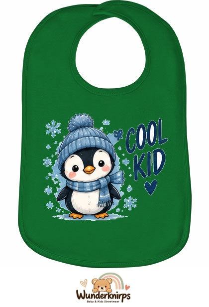 Baby-Lätzchen Olli-01 in Grün mit Motiv Cool Kid – Pinguin