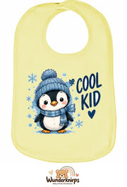 Baby-Lätzchen Olli-01 in Pastellgelb mit Motiv Cool Kid – Pinguin