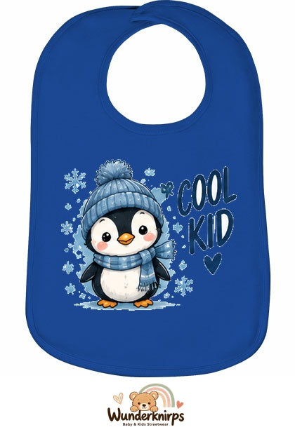 Baby-Lätzchen Olli-01 in Royalblau mit Motiv Cool Kid – Pinguin