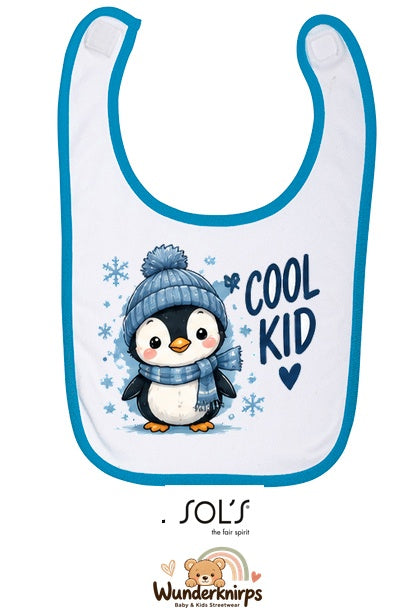Baby-Lätzchen SOL’S Babib in Weiß / Aqua mit Motiv Cool Kid – Pinguin
