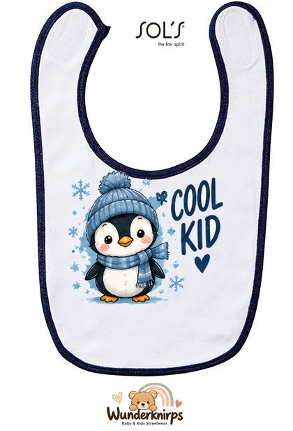 Baby-Lätzchen SOL’S Babib in Weiß / Marineblau mit Motiv Cool Kid – Pinguin
