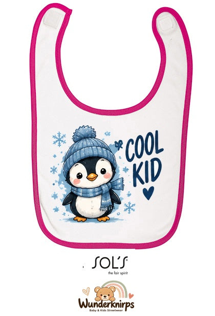 Baby-Lätzchen SOL’S Babib in Weiß / Fuchsia mit Motiv Cool Kid – Pinguin