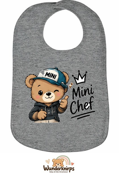 Baby-Lätzchen Olli-01 in Grau meliert mit Motiv Mini Chef – Bär