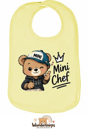 Baby-Lätzchen Olli-01 in Pastellgelb mit Motiv Mini Chef – Bär