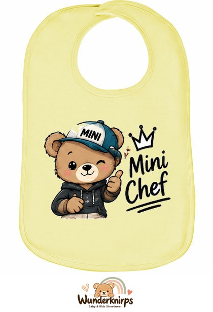 Baby-Lätzchen Olli-01 in Pastellgelb mit Motiv Mini Chef – Bär