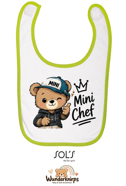 Baby-Lätzchen SOL’S Babib in Weiß / Apfelgrün mit Motiv Mini Chef – Bär