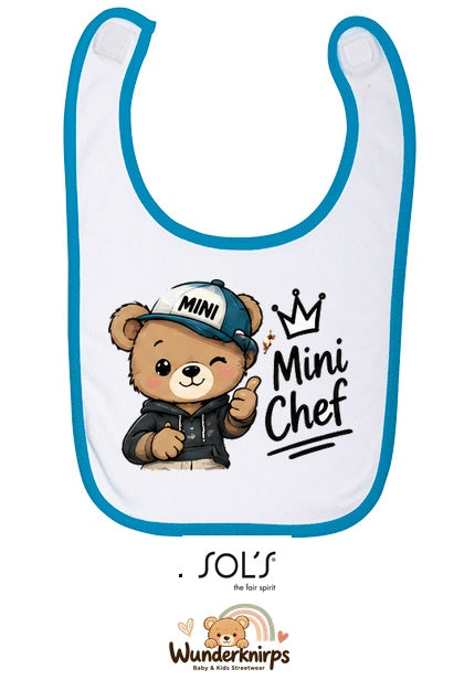 Baby-Lätzchen SOL’S Babib in Weiß / Aqua mit Motiv Mini Chef – Bär