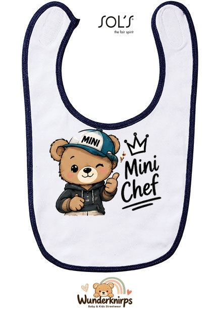 Baby-Lätzchen SOL’S Babib in Weiß / Marineblau mit Motiv Mini Chef – Bär