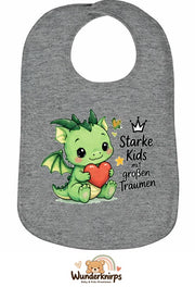 Baby-Lätzchen Olli-01 in Grau meliert mit Motiv Starke Kids – Drache