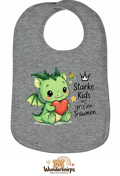 Baby-Lätzchen Olli-01 in Grau meliert mit Motiv Starke Kids – Drache