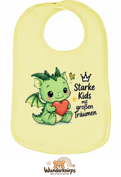 Baby-Lätzchen Olli-01 in Pastellgelb mit Motiv Starke Kids – Drache