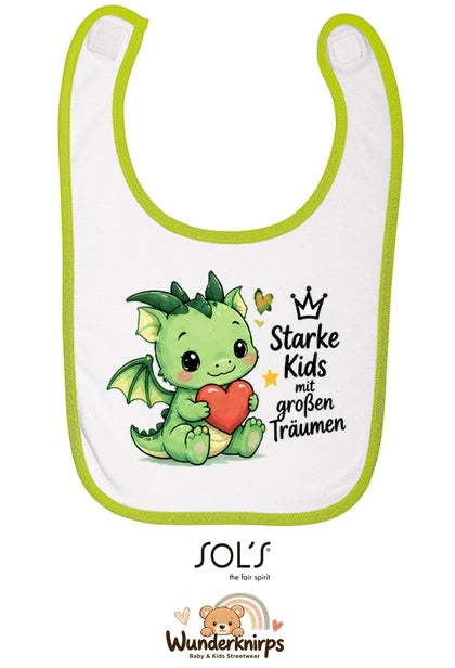 Baby-Lätzchen SOL’S Babib in Weiß / Apfelgrün mit Motiv Starke Kids – Drache