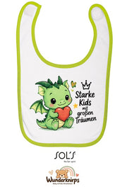 Baby-Lätzchen SOL’S Babib in Weiß / Apfelgrün mit Motiv Starke Kids – Drache