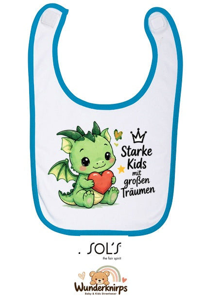 Baby-Lätzchen SOL’S Babib in Weiß / Aqua mit Motiv Starke Kids – Drache