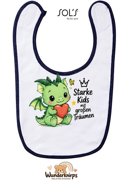 Baby-Lätzchen SOL’S Babib in Weiß / Marineblau mit Motiv Starke Kids – Drache