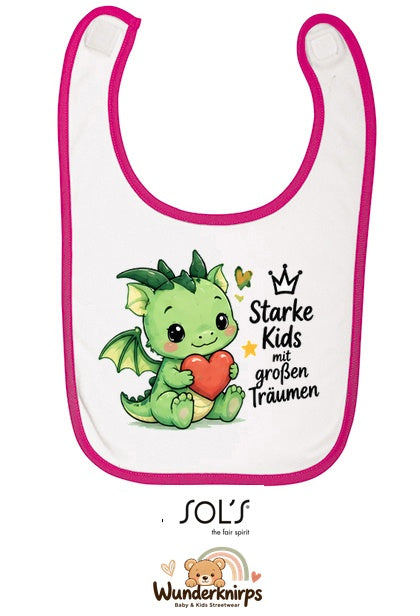 Baby-Lätzchen SOL’S Babib in Weiß / Fuchsia mit Motiv Starke Kids – Drache