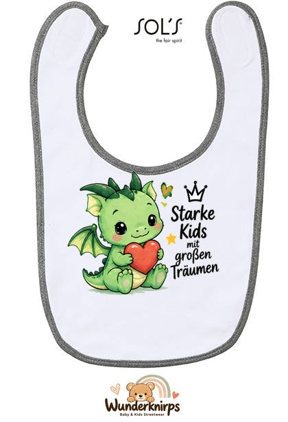 Baby-Lätzchen SOL’S Babib in Weiß / Grau meliert mit Motiv Starke Kids – Drache