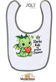 Baby-Lätzchen SOL’S Babib in Weiß / Grau meliert mit Motiv Starke Kids – Drache
