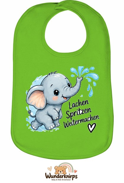 Baby-Lätzchen Olli-01 in Apfelgrün mit Motiv Lachen, Spritzen, Weitermachen