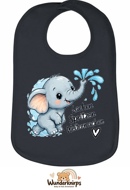 Baby-Lätzchen Olli-01 in Anthrazit mit Motiv Lachen, Spritzen, Weitermachen