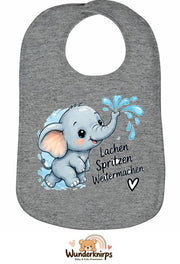 Baby-Lätzchen Olli-01 in Grau meliert mit Motiv Lachen, Spritzen, Weitermachen