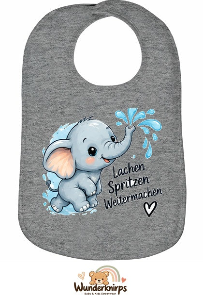 Baby-Lätzchen Olli-01 in Grau meliert mit Motiv Lachen, Spritzen, Weitermachen
