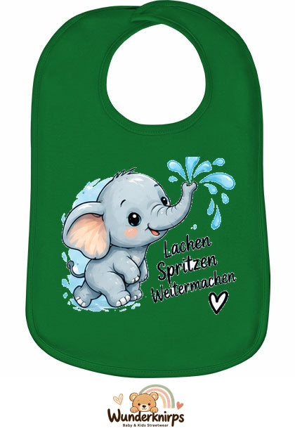 Baby-Lätzchen Olli-01 in Grün mit Motiv Lachen, Spritzen, Weitermachen
