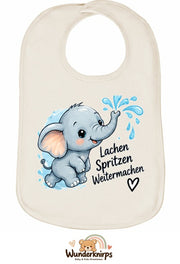 Baby-Lätzchen Olli-01 in Natur mit Motiv Lachen, Spritzen, Weitermachen