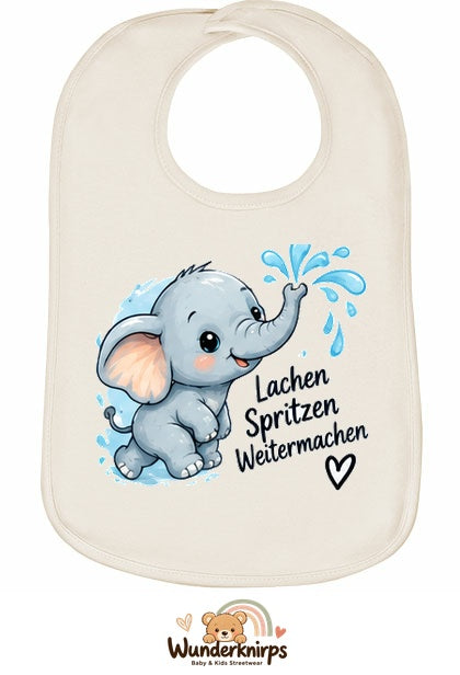 Baby-Lätzchen Olli-01 in Natur mit Motiv Lachen, Spritzen, Weitermachen