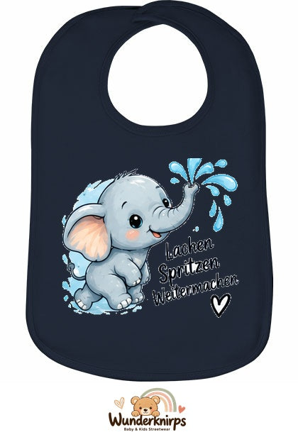 Baby-Lätzchen Olli-01 in Marineblau mit Motiv Lachen, Spritzen, Weitermachen