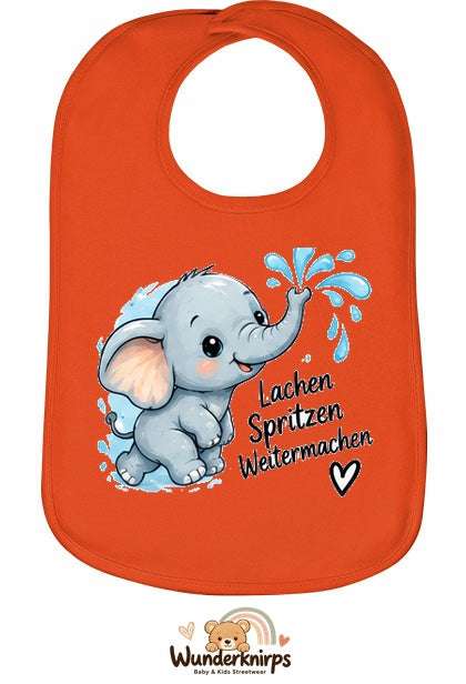 Baby-Lätzchen Olli-01 in Orange mit Motiv Lachen, Spritzen, Weitermachen