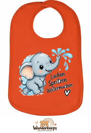 Baby-Lätzchen Olli-01 in Orange mit Motiv Lachen, Spritzen, Weitermachen