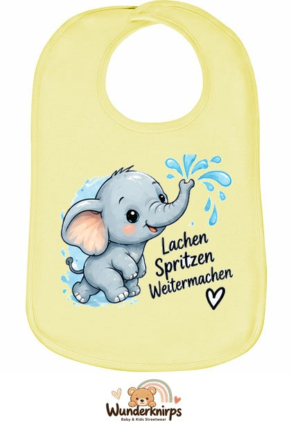 Baby-Lätzchen Olli-01 in Pastellgelb mit Motiv Lachen, Spritzen, Weitermachen