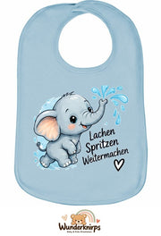 Baby-Lätzchen Olli-01 in Pastellblau mit Motiv Lachen, Spritzen, Weitermachen