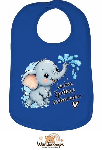 Baby-Lätzchen Olli-01 in Royalblau mit Motiv Lachen, Spritzen, Weitermachen