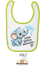 Baby-Lätzchen SOL’S Babib in Weiß / Apfelgrün mit Motiv Lachen, Spritzen, Weitermachen