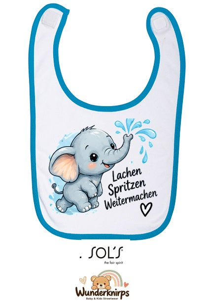 Baby-Lätzchen SOL’S Babib in Weiß / Aqua mit Motiv Lachen, Spritzen, Weitermachen