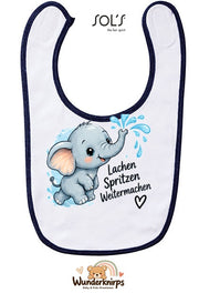Baby-Lätzchen SOL’S Babib in Weiß / Marineblau mit Motiv Lachen, Spritzen, Weitermachen