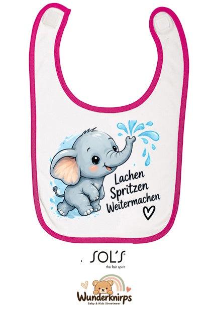 Baby-Lätzchen SOL’S Babib in Weiß / Fuchsia mit Motiv Lachen, Spritzen, Weitermachen