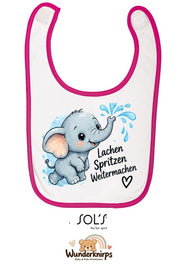 Baby-Lätzchen SOL’S Babib in Weiß / Fuchsia mit Motiv Lachen, Spritzen, Weitermachen