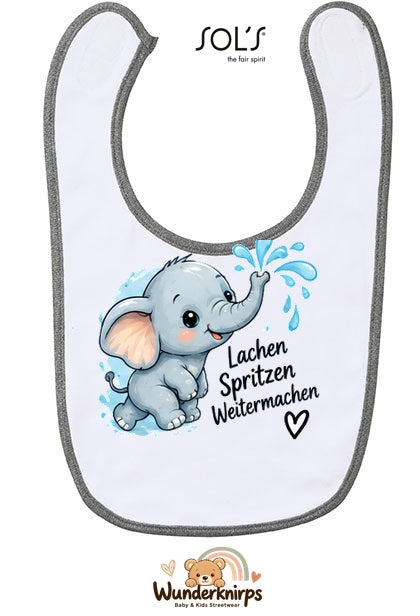 Baby-Lätzchen SOL’S Babib in Weiß / Grau meliert mit Motiv Lachen, Spritzen, Weitermachen