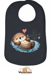 Baby-Lätzchen Olli-01 in Anthrazit mit Motiv Ich nehme mir Zeit – Otter