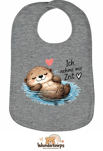 Baby-Lätzchen Olli-01 in Grau meliert mit Motiv Ich nehme mir Zeit – Otter