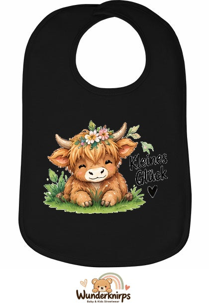 Baby-Lätzchen Olli-01 in Schwarz mit Motiv Kleines Glück – Hochlandrind